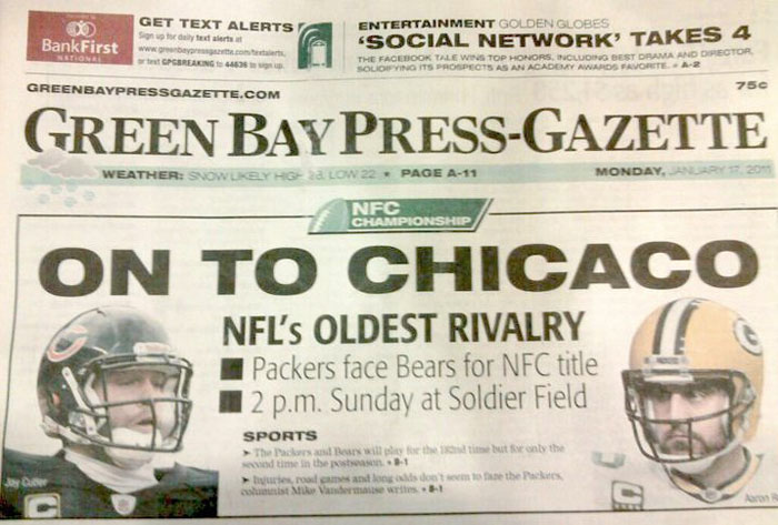 Green Bay Press-Gazette front page: “On to Chicaco” | Regret the Error